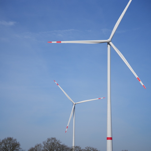 Zwei Windkraftanlagen mit roten Markierungen vor blauem Himmel und kahlen Baumkonturen im Hintergrund.