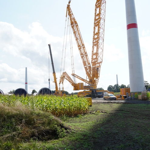 Baustelle mit einem gro&szlig;en Kran, Windkraftanlagen und angrenzenden Maisfeldern unter bew&ouml;lktem Himmel.