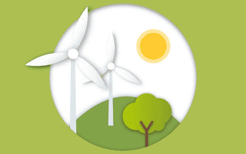 Zwei Windturbinen stehen auf einer gr&uuml;nen Wiese unter der Sonne, umgeben von einem Baum und sanften H&uuml;geln.