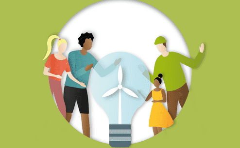 Vier Personen stehen um eine stilisierte Gl&uuml;hbirne mit Windrad. Die Szene symbolisiert nachhaltige Energie.