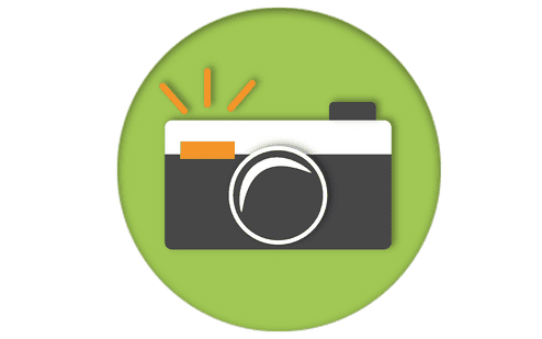 Symbol eines Kameras im Kreis auf gr&uuml;nem Hintergrund, mit orangefarbenen Blitzen und wei&szlig;en Details.