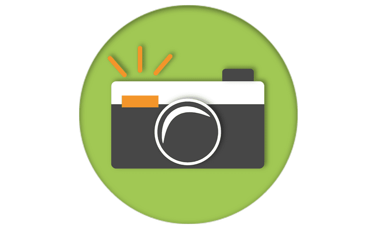 Symbol eines Kameras im Kreis auf gr&uuml;nem Hintergrund, mit orangefarbenen Blitzen und wei&szlig;en Details.