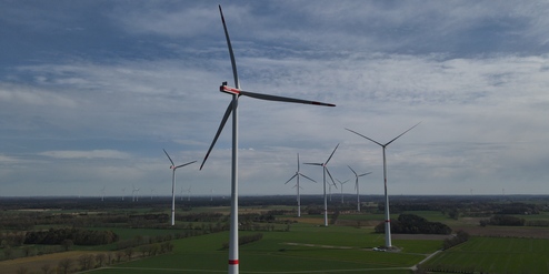 Luftaufnahme von Windkraftanlagen auf einer gr&uuml;nen Landschaft mit Wolken am Himmel.