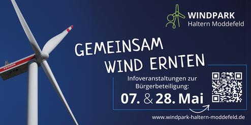 Schriftbanner mit Windrad, Datum f&uuml;r B&uuml;rgerveranstaltungen und QR-Code zur Website des Windparks in Haltern Moddefeld.