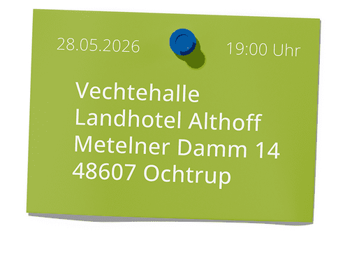 Gr&uuml;ne Notiz mit Angaben zu Datum, Uhrzeit und Adresse eines Events im Landhotel Althoff in Ochtrup.