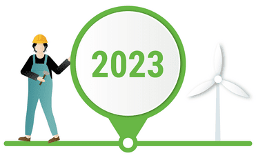 Illustration eines Bauarbeiters mit Helm, der eine Werkzeug und eine gro&szlig;e Jahreszahl "2023" neben einem Windrad zeigt.
