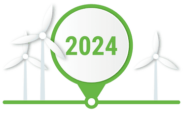 Grafik mit drei Windkraftanlagen, umgeben von einem gr&uuml;nen Kreis, der die Jahreszahl 2024 zeigt.