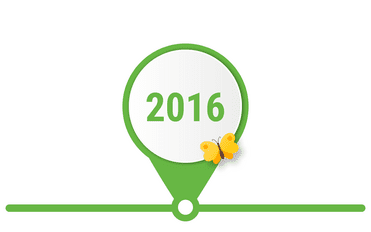 Jahresmarkierung 2016 in gr&uuml;n mit Schmetterling auf einer Grafik.