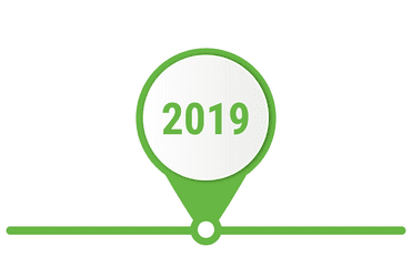 Jahresmarkierung 2019 in Form eines gr&uuml;nen Standortpins auf einer horizontalen Linie.