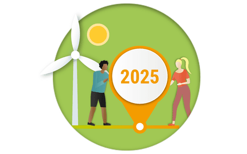 Illustration von zwei Personen neben einer Windkraftanlage, mit einer Jahreszahl &bdquo;2025&ldquo; in der Mitte und Sonne im Hintergrund.