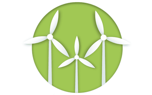 Drei stilisierte Windturbinen vor einem gr&uuml;nen, kreisf&ouml;rmigen Hintergrund.