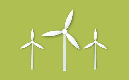 Drei stilisierte Windturbinen in wei&szlig;er Farbe vor einem gr&uuml;nen Hintergrund.