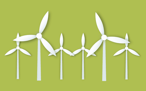 Grafik von sechs stilisierten Windkraftanlagen in Wei&szlig; vor gr&uuml;ner Hintergrundfl&auml;che.