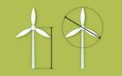 Diagramm einer Windkraftanlage mit Ma&szlig;stab und Umriss, auf gr&uuml;nem Hintergrund.