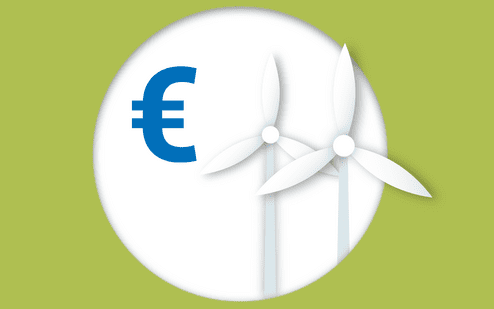 Grafik mit einem Euro-Zeichen neben zwei wei&szlig;en Windr&auml;dern auf gr&uuml;nem Hintergrund.