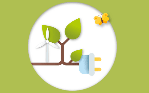 Grafische Darstellung eines Zweigs mit Bl&auml;ttern, einem Windrad und einem Steckdosenstecker, daneben ein gelber Schmetterling.