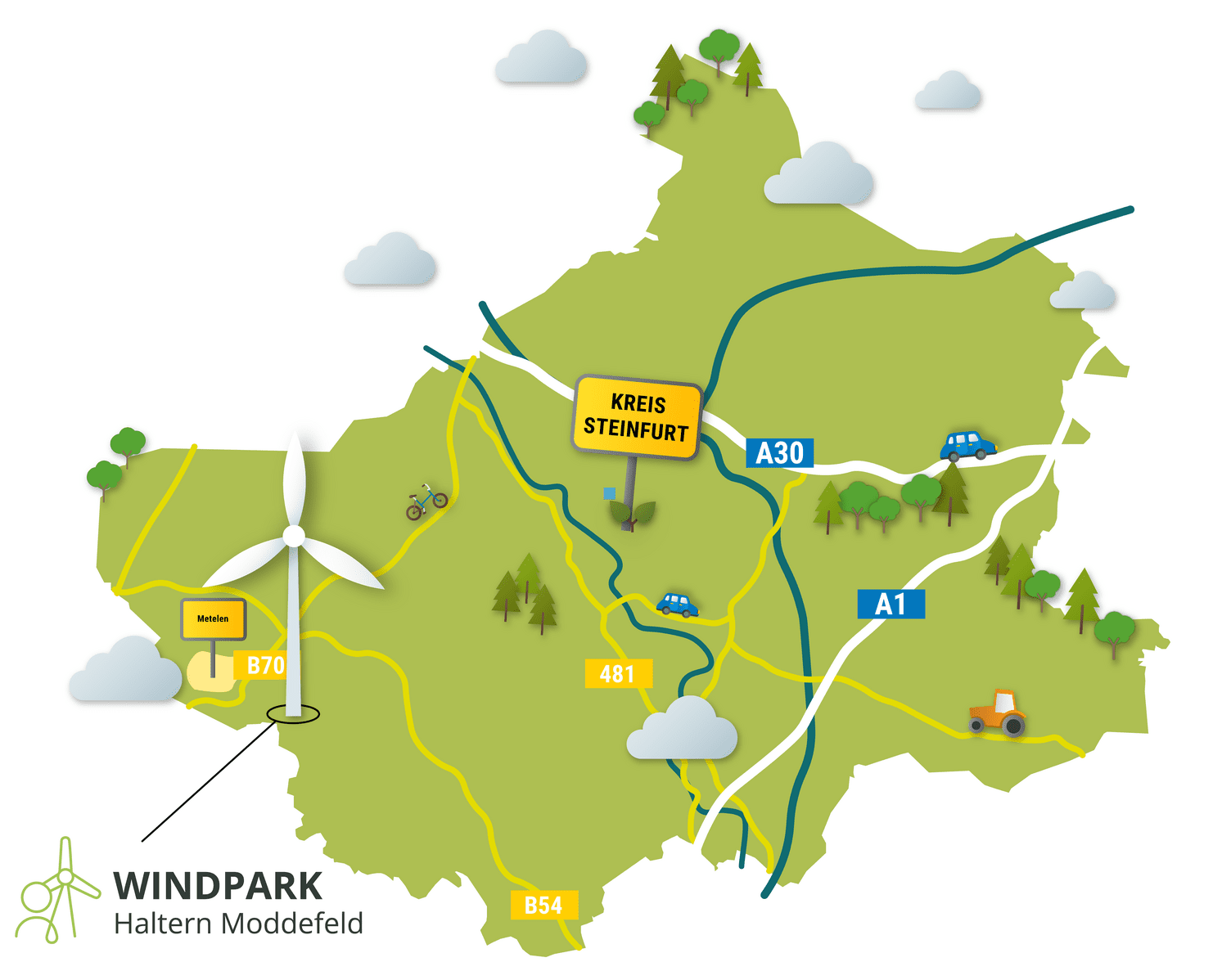 Karte des Windparks Haltern Moddefeld im Kreis Steinfurt mit Stra&szlig;en und Windkraftanlage.