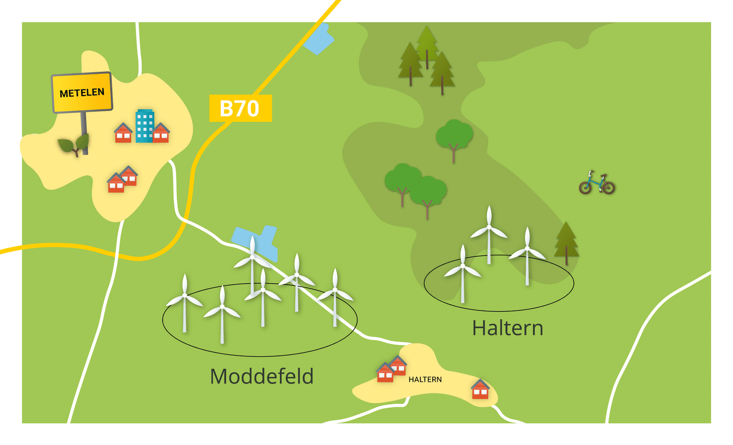 Karte mit Windr&auml;dern bei Haltern und Moddefeld, sowie Umgebungskarten von Metelen und Haltern.