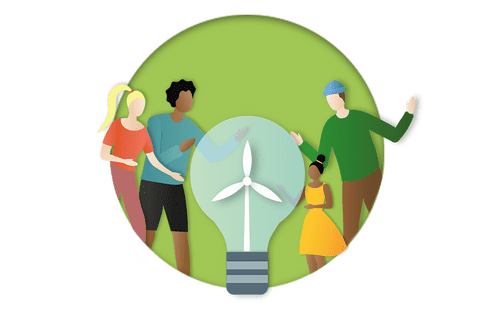 Vier Personen stehen um eine Gl&uuml;hbirne mit Windturbine-Symbol vor gr&uuml;nem Hintergrund und diskutieren.