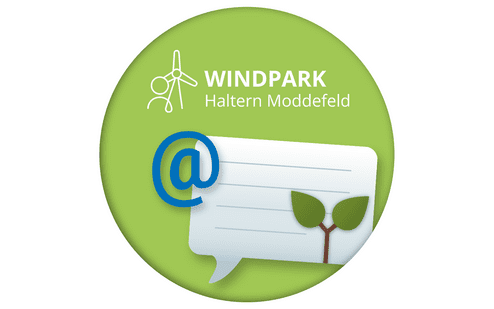 Logo des Windparks Haltern Moddefeld mit Windrad-Symbol und Kontaktinformationen auf gr&uuml;nem Hintergrund.