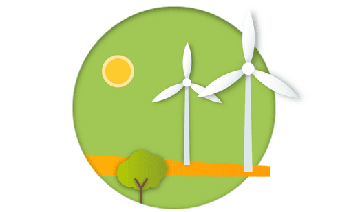 Papierdesign mit zwei Windkraftanlagen, einem Baum und einer Sonne auf gr&uuml;nem Hintergrund in kreisf&ouml;rmiger Darstellung.