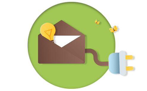 Grafische Darstellung eines Briefumschlags mit einer Gl&uuml;hbirne und einem Stromstecker auf gr&uuml;nem Hintergrund.