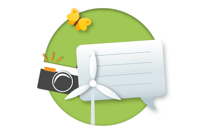 Grafik mit einer Kamera, einem Windrad und einer Sprechblase auf gr&uuml;nem Hintergrund, erg&auml;nzt von einem Schmetterling.