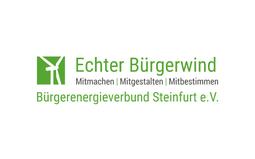 Logo des B&uuml;rgerenergieverbands Steinfurt e.V. mit dem Schriftzug &bdquo;Echter B&uuml;rgerwind&ldquo; und Symbol eines Windrads.