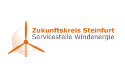 Logo der Servicestelle Windenergie des Zukunftskreises Steinfurt, mit Windrad und orangefarbener Schrift.
